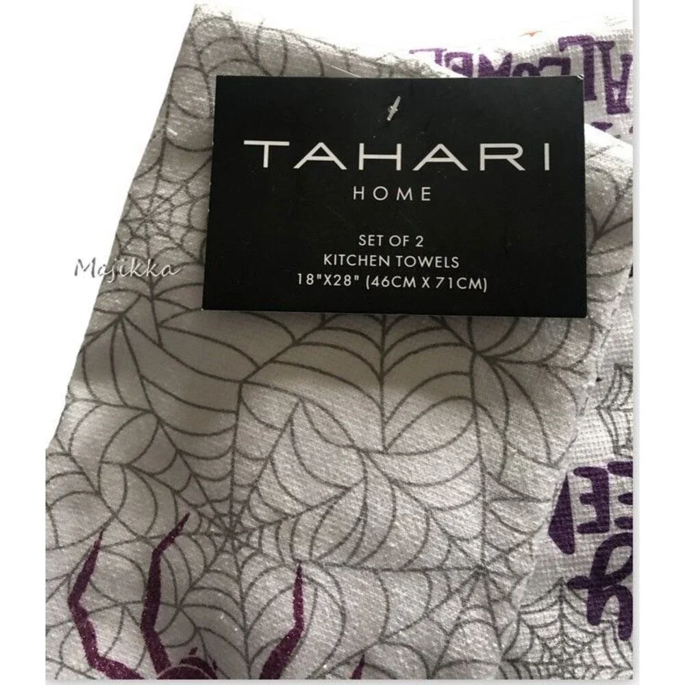 Tahari Happy Halloween Kitchen Dish Towels Purple Spider Webs Spooky Set of 2